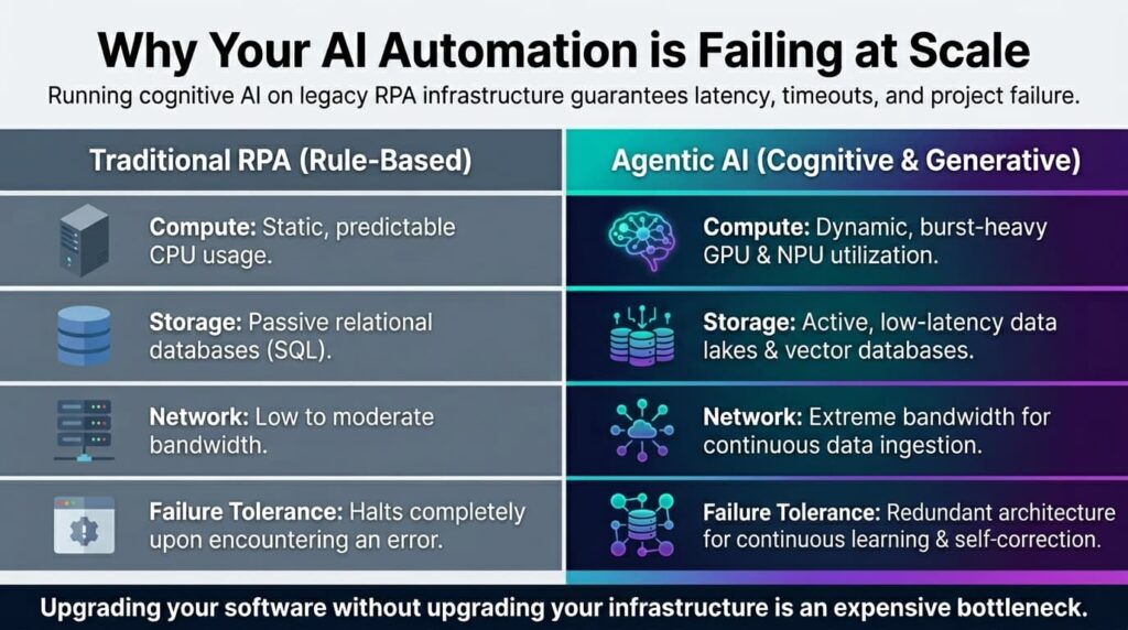 A comparison infographic showing the severe infrastructure differences between legacy RPA and mo