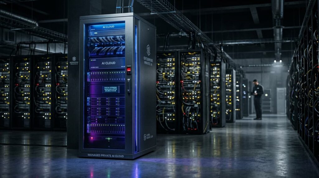 A side-by-side comparison showing chaotic public cloud servers in the background and a highly secure, glowing server rack in the foreground representing enterprise-grade managed private AI infrastructure services.
