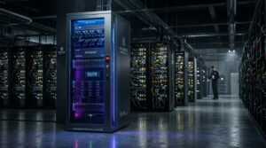 A side-by-side comparison showing chaotic public cloud servers in the background and a highly secure, glowing server rack in the foreground representing enterprise-grade managed private AI infrastructure services.