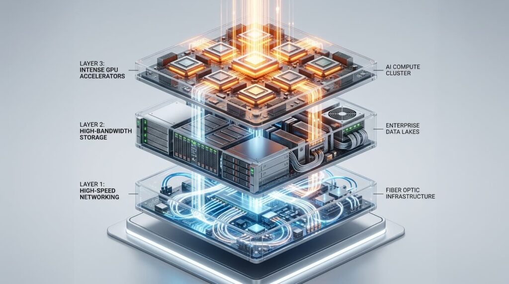 A 3D isometric diagram illustrating the core technical layers required for enterprise AI infrastructure services, featuring stacked components for high-speed networking, data storage, and GPU compute power.