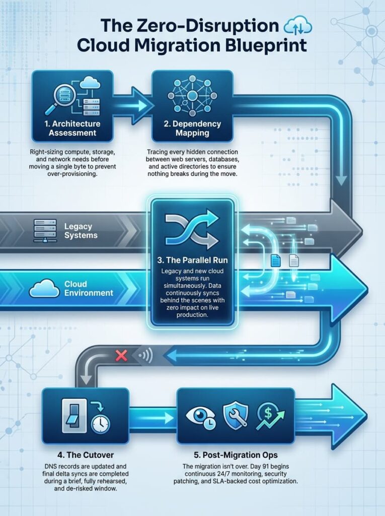 A five-step process flow diagram illustrating a fully managed server migration to cloud. The steps include Architecture Assessment, Dependency Mapping, a Parallel Run (showing legacy and cloud systems syncing simultaneously), the Cutover, and ongoing Post-Migration Managed Operations.