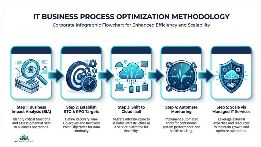 Infographic detailing the 5 steps of IT Business Process Optimization: 1. Business Impact Analysis (BIA), 2. RTO & RPO Targets, 3. Shift to Cloud IaaS, 4. Automate Monitoring, and 5. Scale via Managed IT Services.