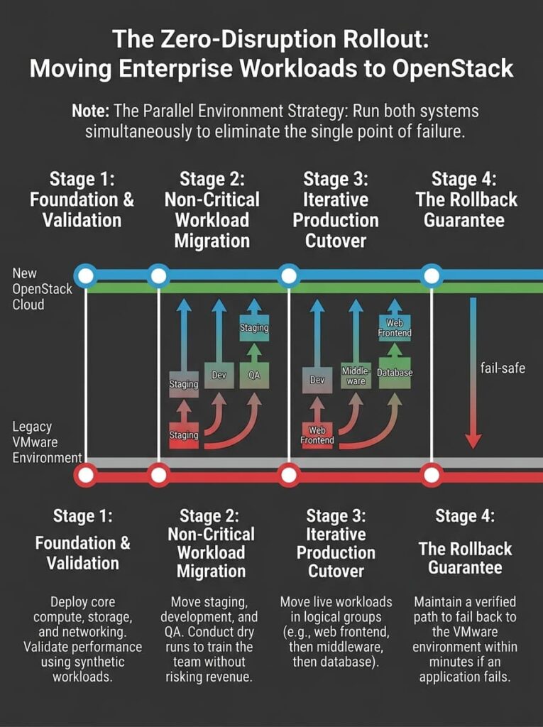 Process flow diagram illustrating a zero-disruption VMware to OpenStack migration using a parallel environment strategy across four stages: Foundation and Validation, Non-Critical Workload Migration, Iterative Production Cutover, and The Rollback Guarantee, showing workloads moving safely between two simultaneously running infrastructures.